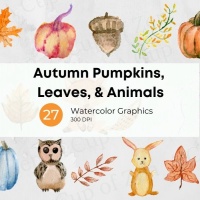 Autumn Pumpkins, Leaves & Animals Watercolor Graphics