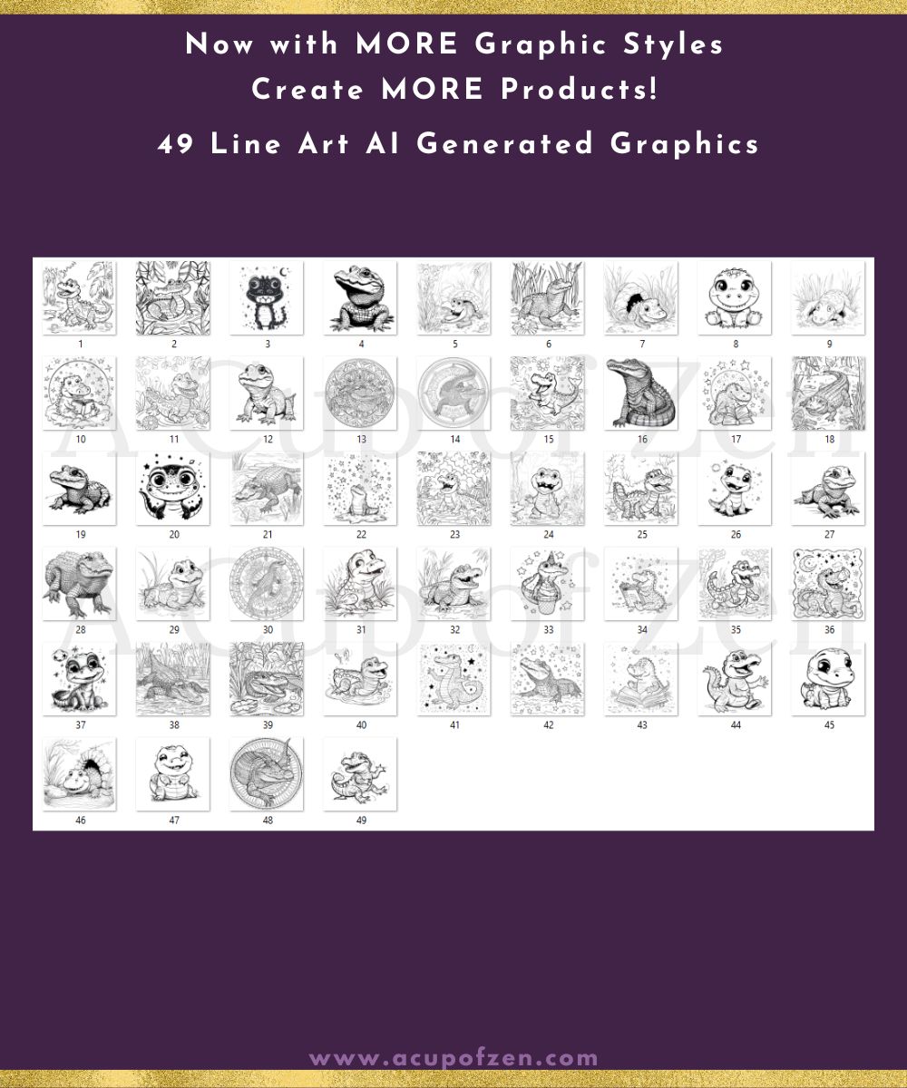 Promotional image showcasing 49 AI-generated line art graphics featuring various animal and nature themes. Text above reads "Now with MORE Graphic Styles, Create MORE Products!" and below lists a website URL.