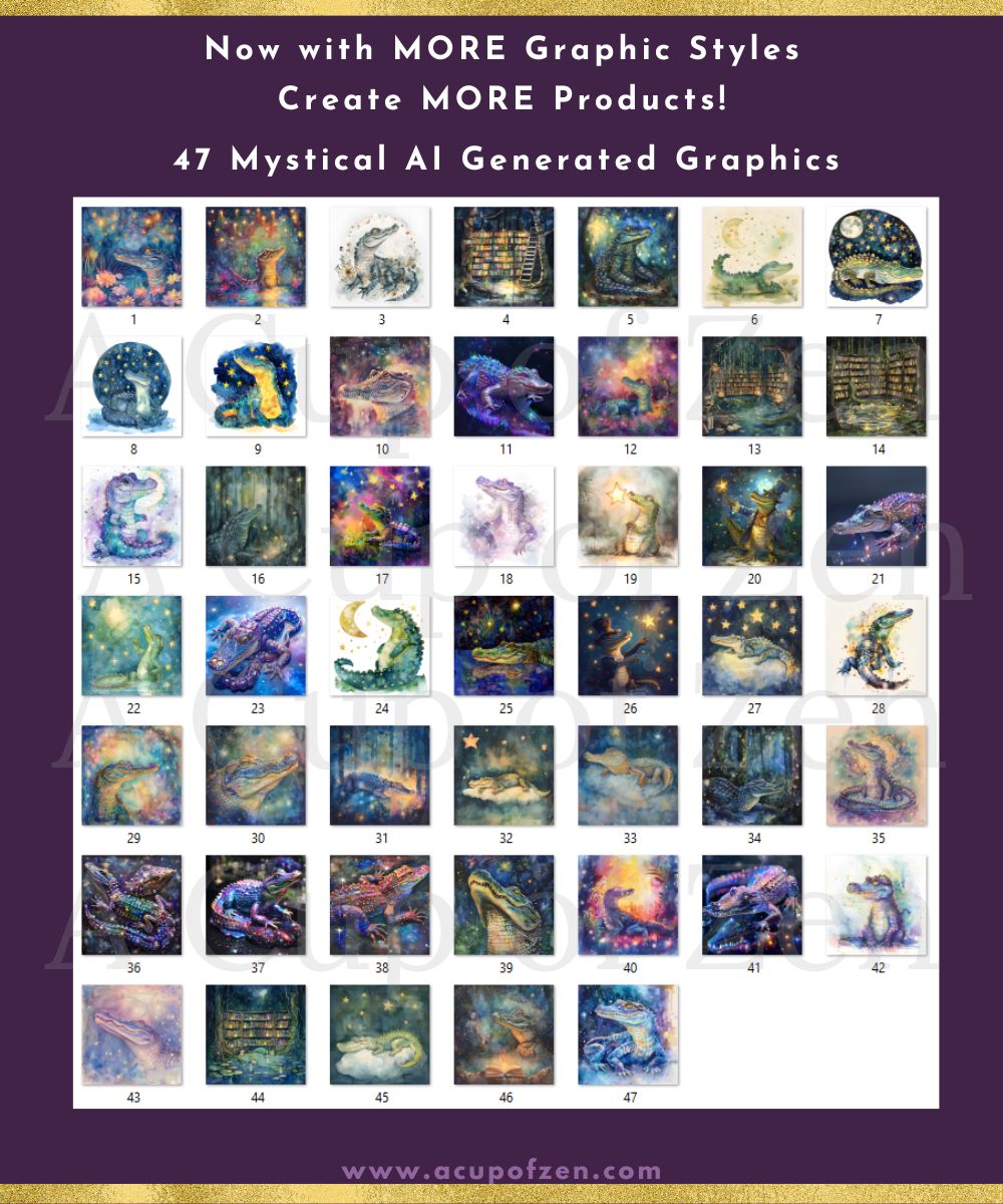 A grid of 47 AI-generated mystical graphics, including celestial and mythical themes, is displayed. The text above reads "Now with MORE Graphic Styles Create MORE Products! 47 Mystical AI Generated Graphics.
