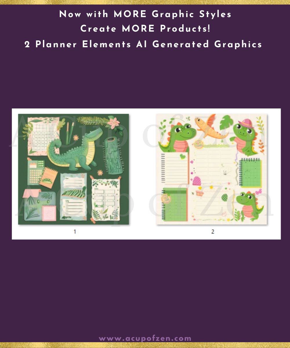 Two planner templates featuring AI-generated dinosaur graphics. The left template has a jungle theme, while the right template has a tropical party theme. Top text advertises more graphic styles.