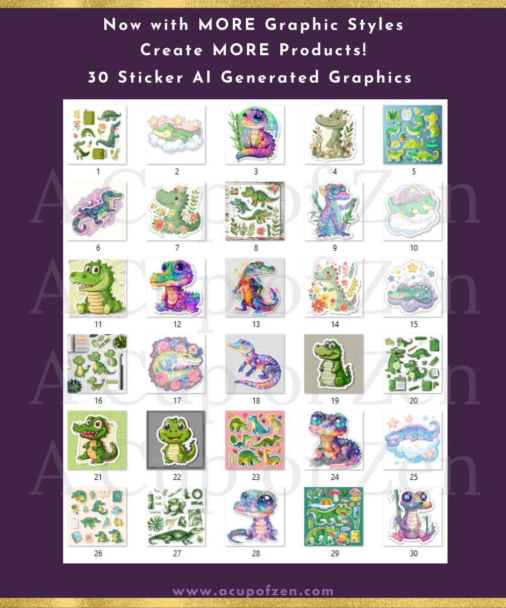 A grid featuring 30 AI-generated sticker graphics, including various colorful animals and nature-inspired designs, with text promoting new graphic styles for product creation.