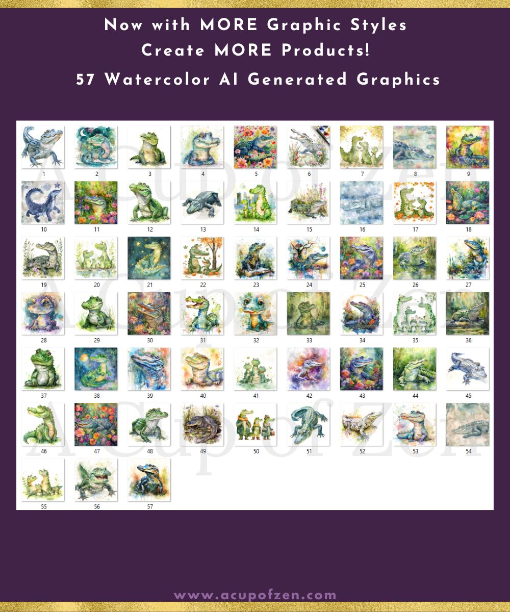 A display of 57 watercolor AI-generated graphics featuring various creative designs, arranged in a grid with numbers, and a header promoting additional graphic styles and product creation.