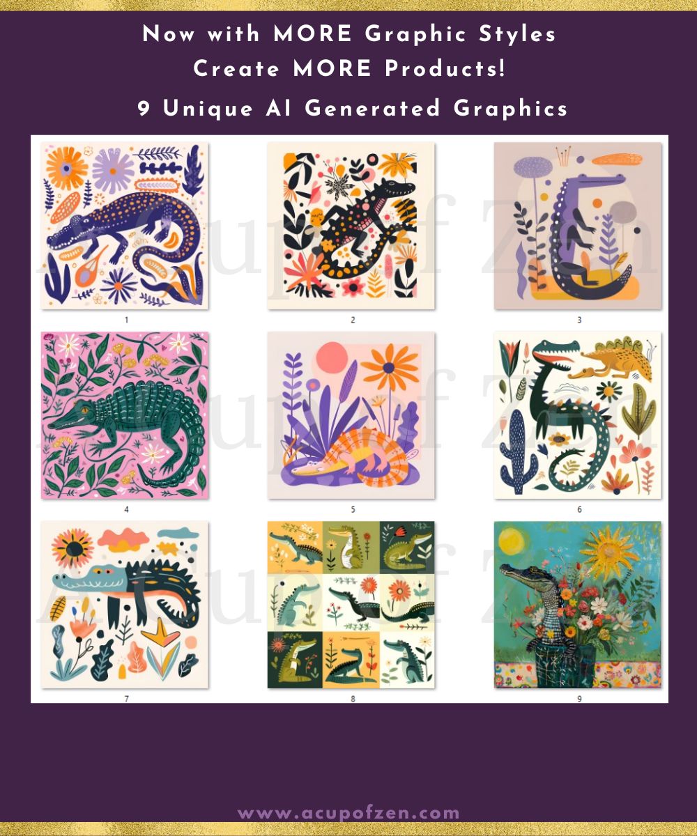 A display of nine colorful, AI-generated graphics featuring various stylized animals and plants, each in unique, vibrant natural settings. Text at the top promotes these graphics for product creation.