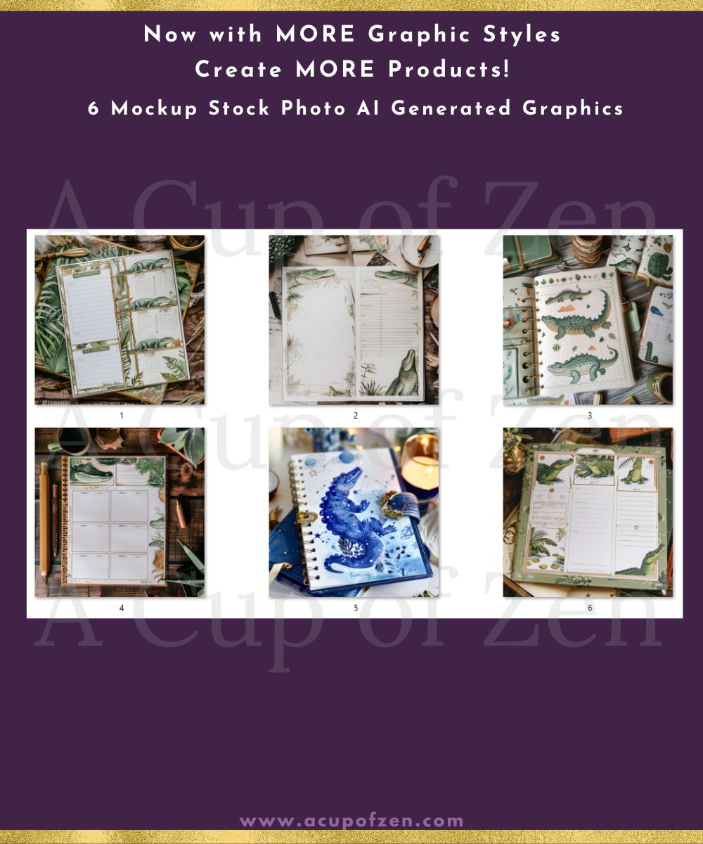 A promotion poster featuring six mockup images of planners and notebooks, showcasing various designs and styles. The top text reads "Now with MORE Graphic Styles Create MORE Products!.