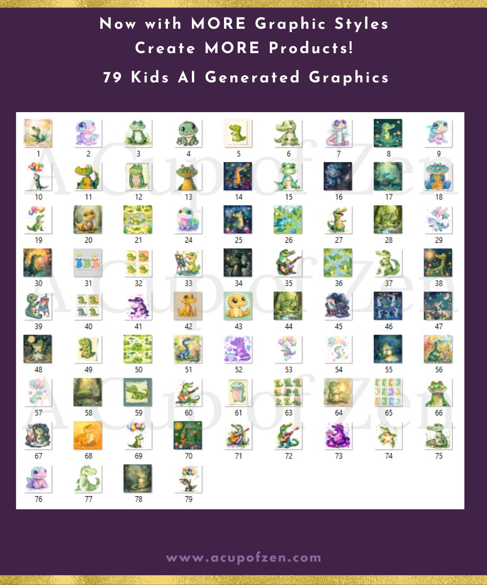 Image showing a grid of 79 AI-generated graphics for kids with various styles, numbered sequentially. The top text reads, "Now with MORE Graphic Styles Create MORE Products! 79 Kids AI Generated Graphics." .