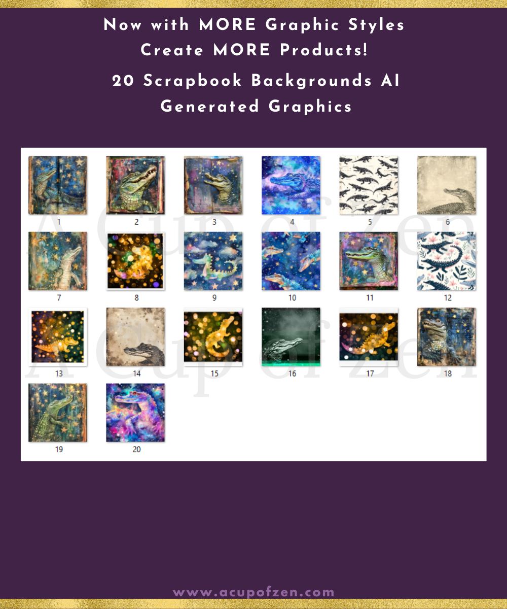A grid showing 20 scrapbook background designs, including abstract art, nature themes, and geometric patterns. The text at the top promotes new styles and 20 AI-generated graphics for crafting.