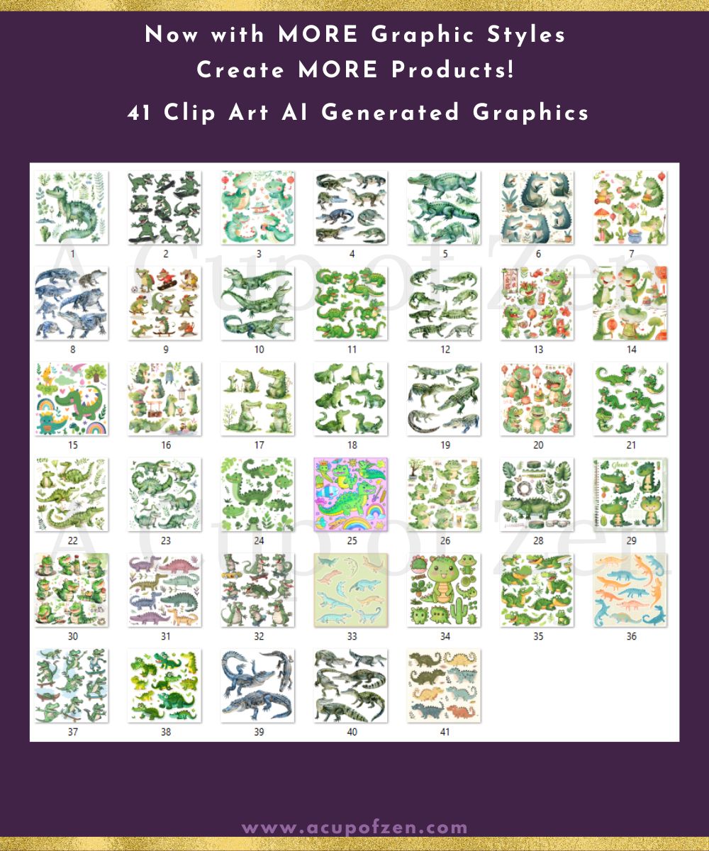 A grid displays 41 AI-generated clip art graphics featuring various plant and animal designs. Text at the top reads, "Now with MORE Graphic Styles. Create MORE Products!" and the website "acupofzen.com" is at the bottom.