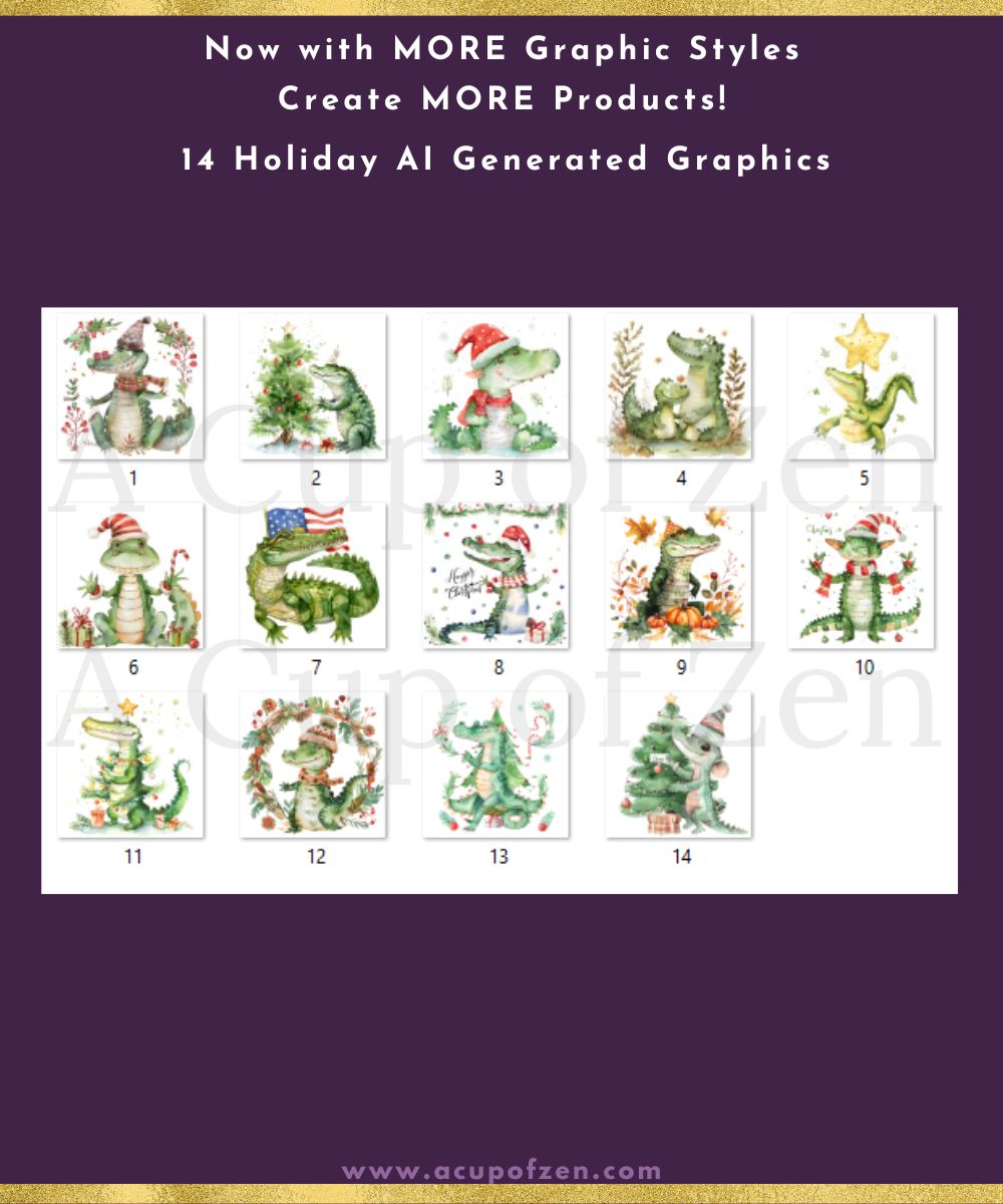 A grid features 14 holiday-themed graphics of dinosaurs adorned with festive decorations. Text above reads, "Now with MORE Graphic Styles Create MORE Products! 14 Holiday AI Generated Graphics.