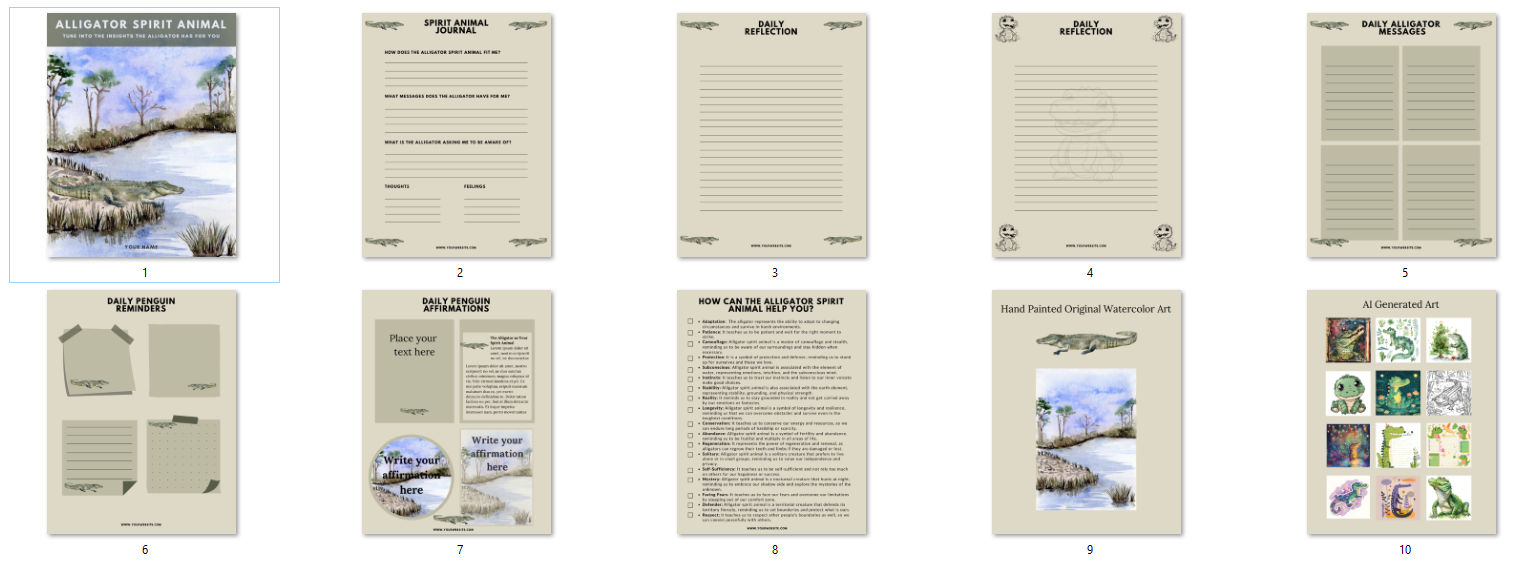 A collage of ten images showing various pages of an "Alligator Spirit Animal" journal, including cover art, daily reflection pages, animal guides, and original watercolor art.