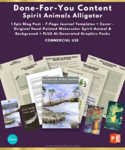 A promotional image featuring spirit animal content packs, including an alligator-themed blog post, journal templates, watercolor artwork, affirmation cards, and AI-generated graphics for commercial use.