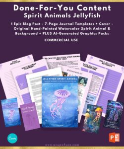 Advertisement banner showing a digital content pack related to jellyfish spirit animals. Includes an epic blog post, journal templates, hand-painted art, AI-generated graphics, and more for commercial use.