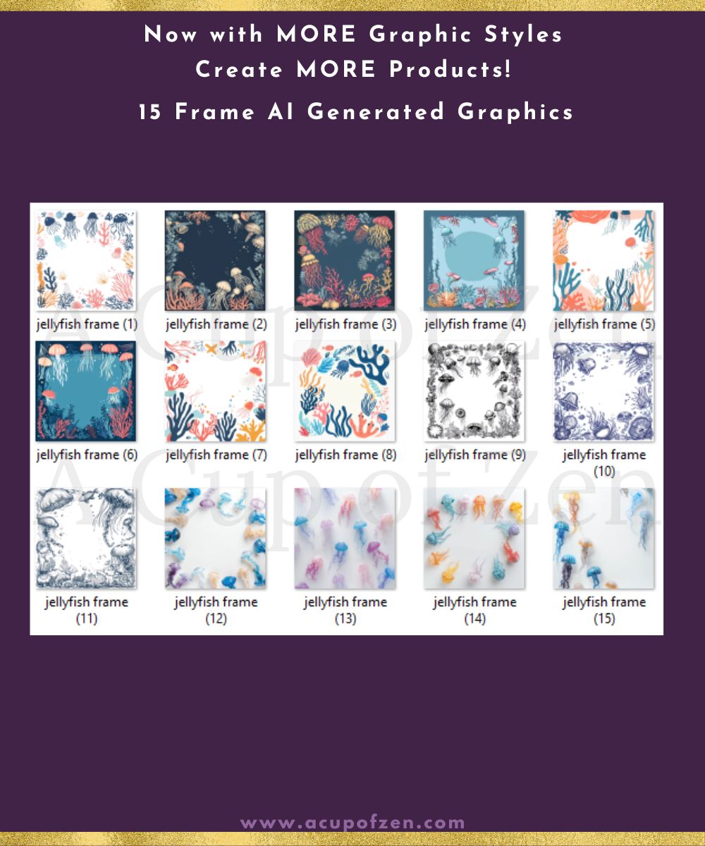A collection of 15 AI-generated graphics featuring jellyfish frames in various styles and colors with a title indicating new graphic styles and a call to create more products.