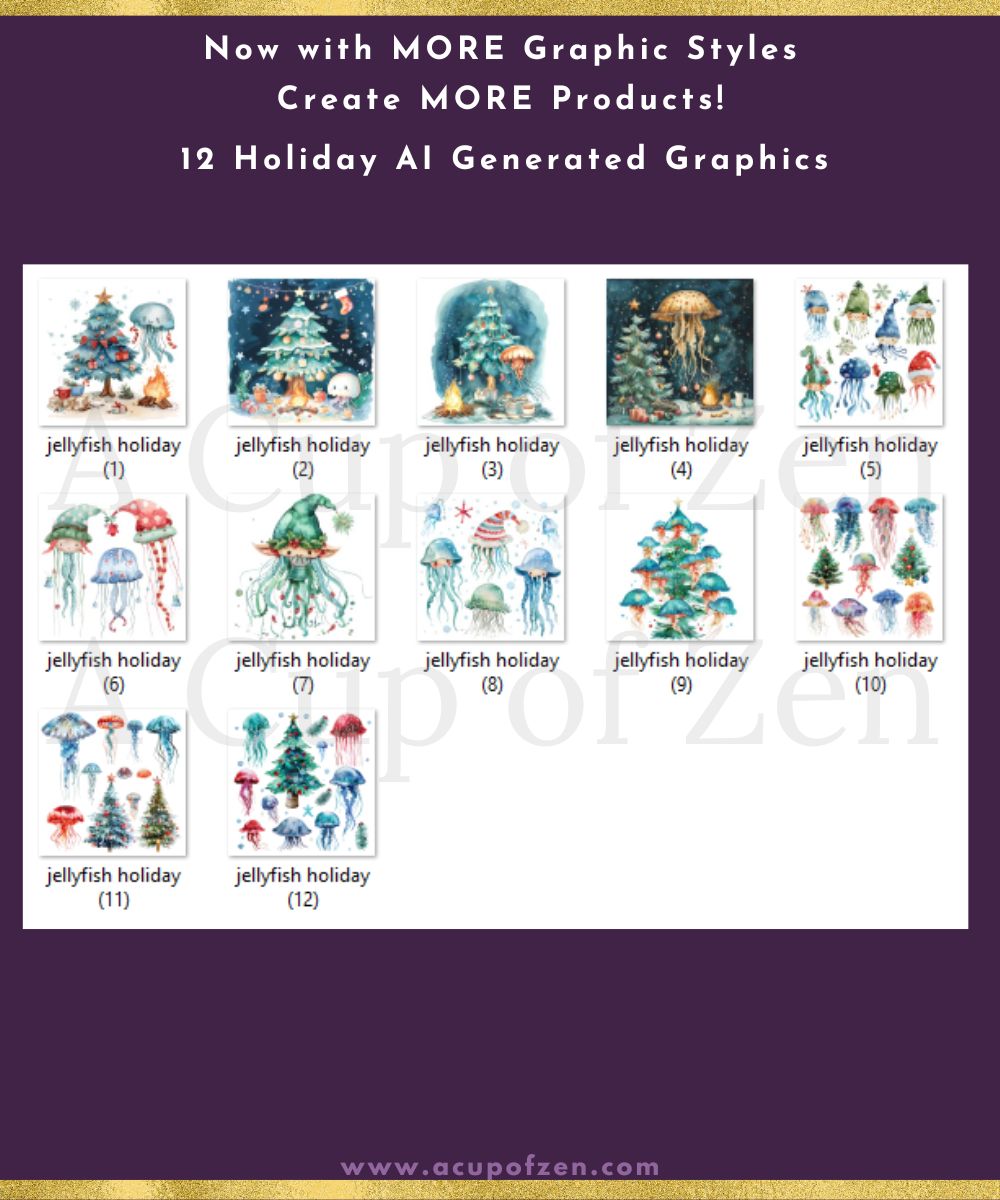 A display of 12 AI-generated holiday graphics featuring jellyfish-themed holiday images, each numbered from 1 to 12. The top text announces the availability of more graphic styles for product creation.