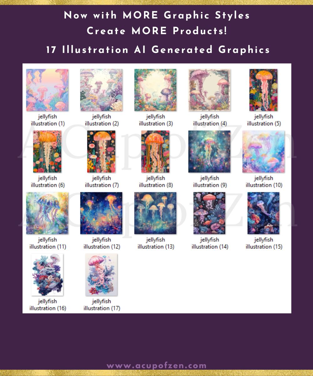A poster displays 17 AI-generated jellyfish illustrations with the heading "Now with MORE Graphic Styles, Create MORE Products!" Each illustration is numbered, and all are labeled "jellyfish illustration.