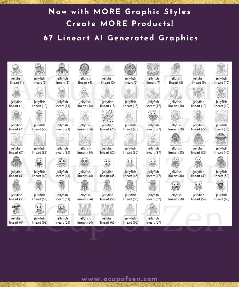 Chart displaying 67 lineart AI-generated graphics of jellyfish in various styles. Title above reads "Now with MORE Graphic Styles Create MORE Products!" Website link at the bottom.