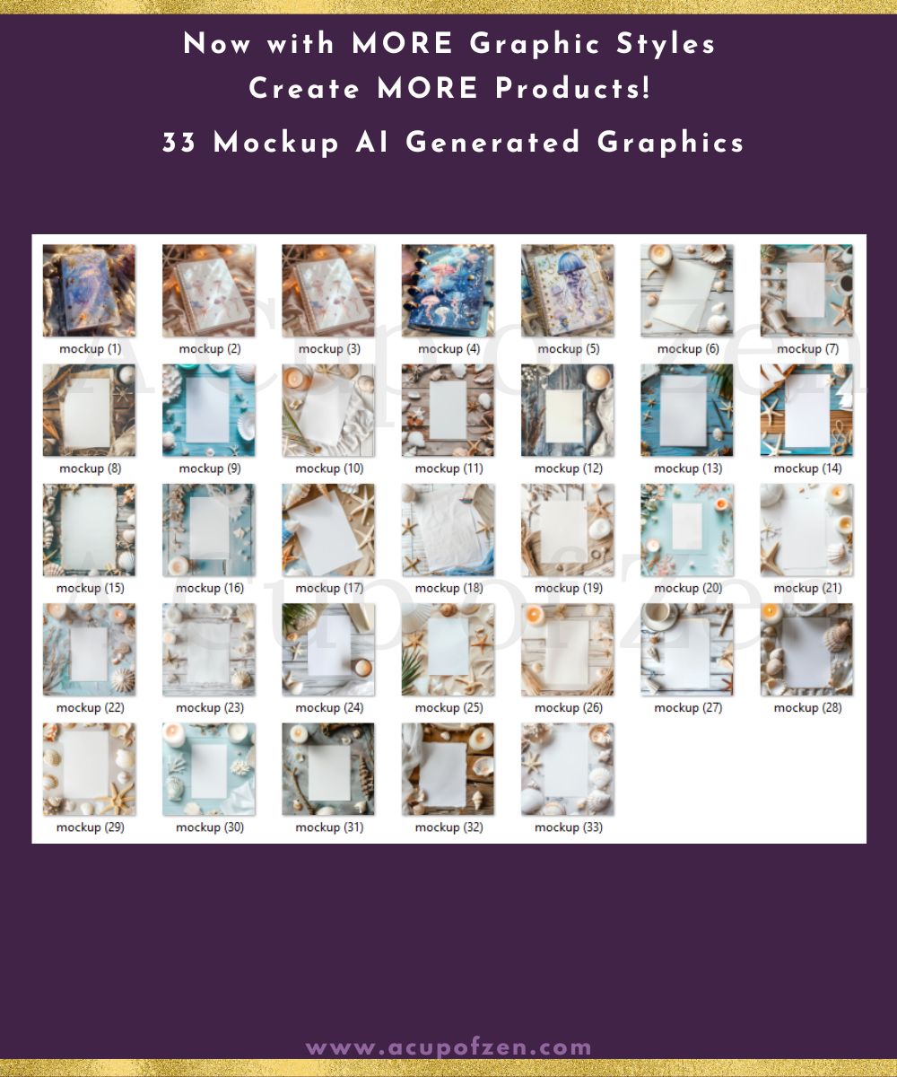 A grid displaying 33 AI-generated mockup graphics with various designs. Text at the top reads, "Now with MORE Graphic Styles Create MORE Products!" Website at the bottom: www.acupofzen.com.