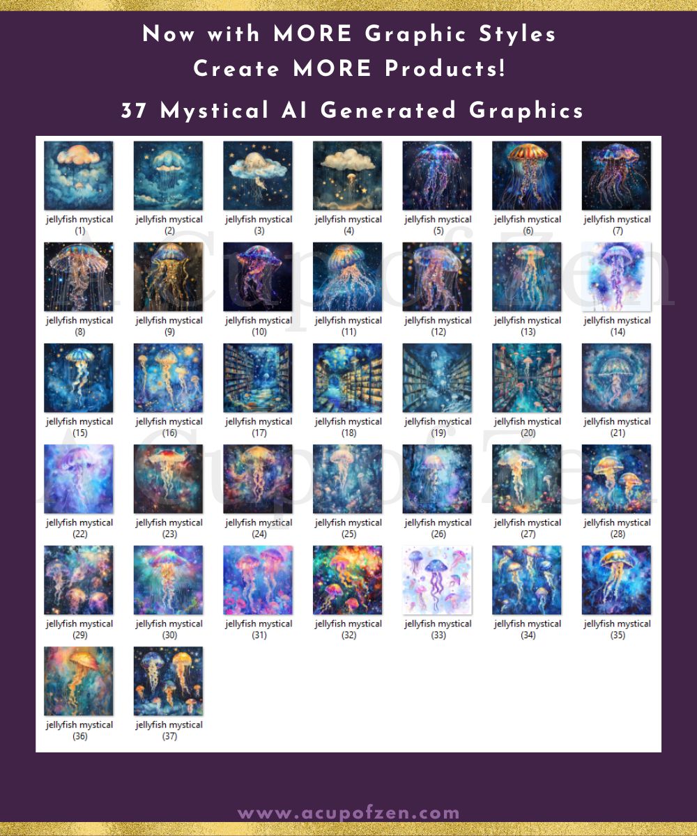 A product advertisement showing a grid of 37 mystical AI-generated graphic images featuring jellyfish, with a heading promoting the variety of available graphic styles for creating more products.