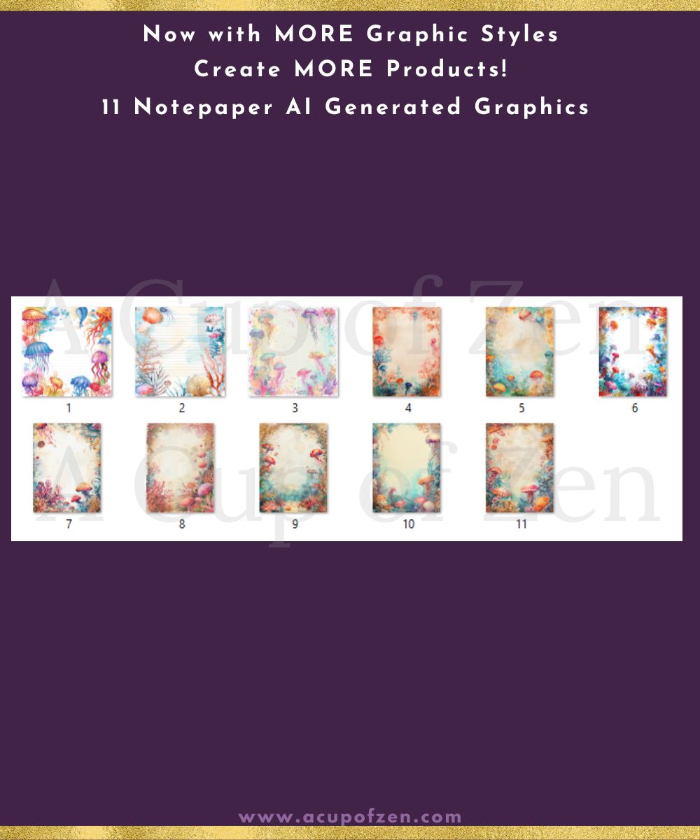 A collection of 11 colorful notepaper designs with AI-generated graphics, each uniquely numbered and displayed against a purple background with promotional text at the top.