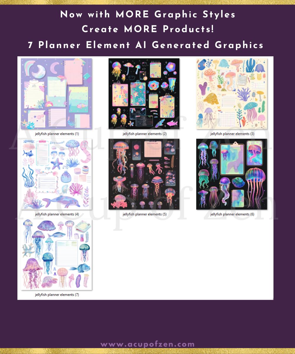 A poster displaying seven jellyfish-themed planner element graphic designs. The text at the top reads, "Now with MORE Graphic Styles Create MORE Products! 7 Planner Element AI Generated Graphics.