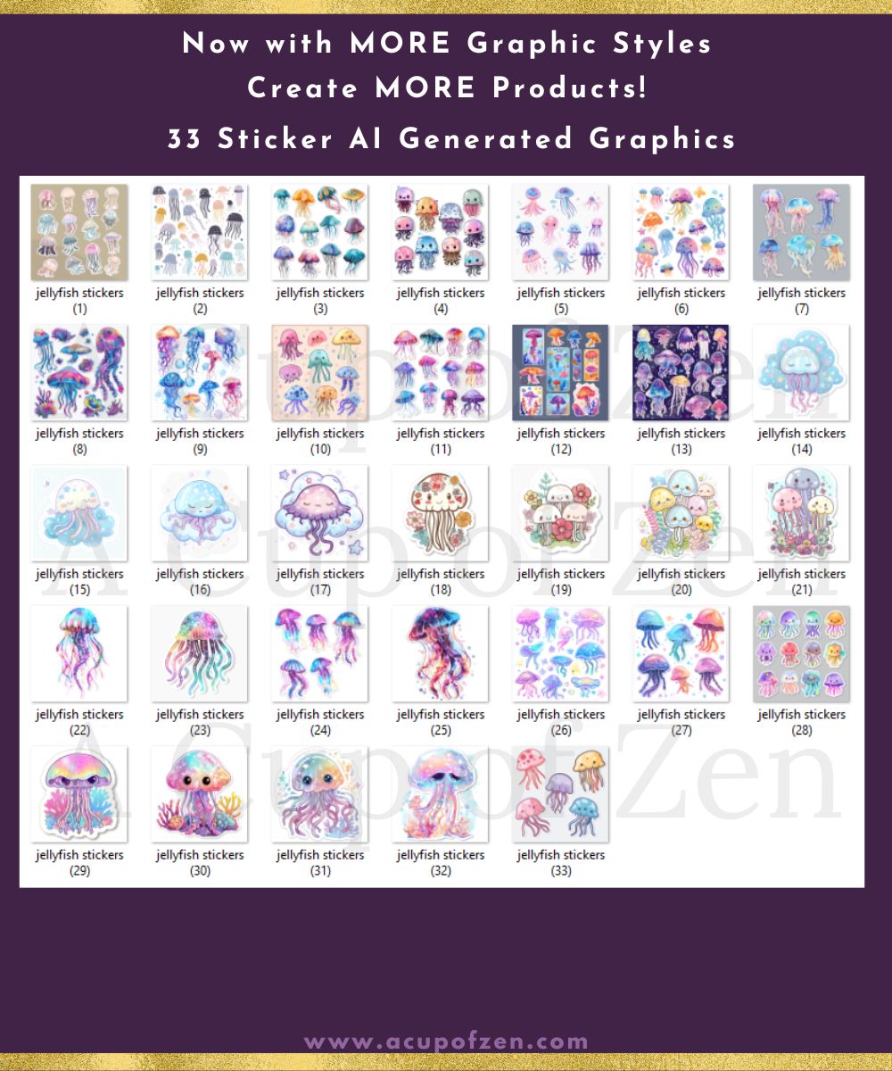 A grid of 33 AI-generated jellyfish sticker designs in various styles, with a heading promoting new graphic styles and product creation by "acupofzen.com".