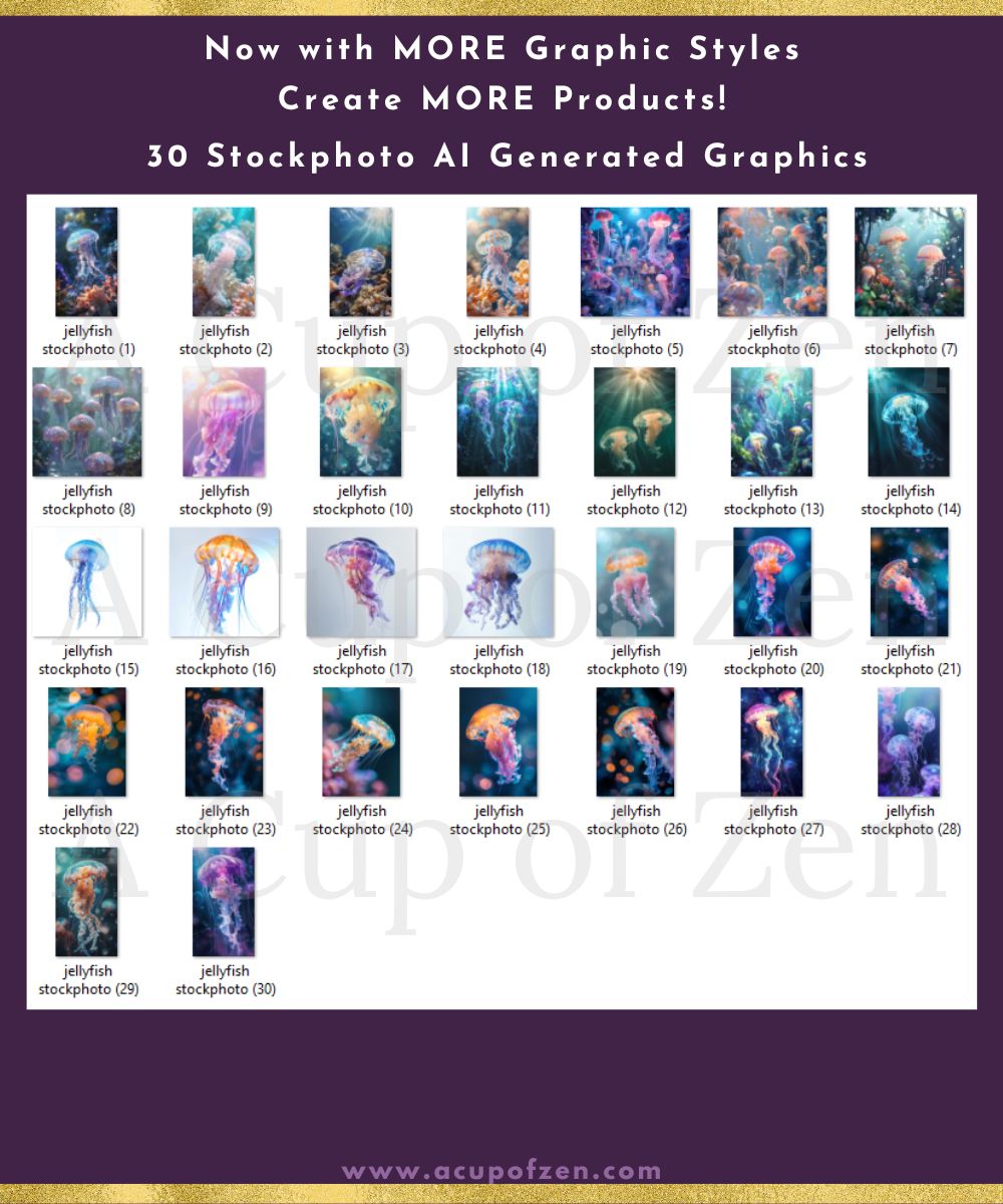 A grid showcasing 30 AI-generated jellyfish stock photos with labels and numbers. Text at the top reads, "Now with MORE Graphic Styles, Create MORE Products!" and the website www.acupofzen.com is listed at the bottom.