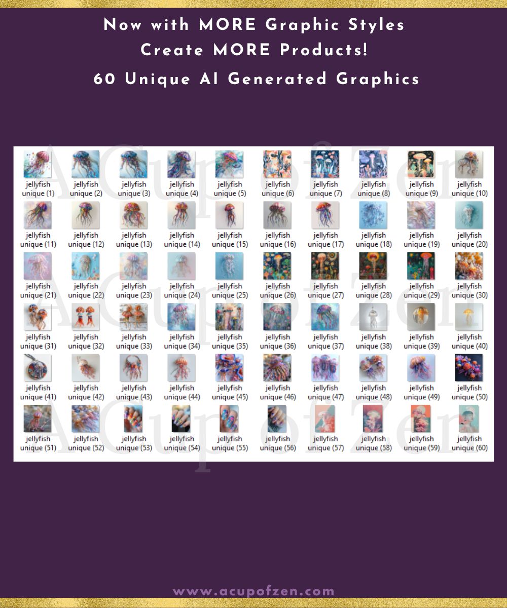 A poster displaying 60 unique AI-generated jellyfish graphics, labeled with "jellyfish unique" followed by a number. The heading promotes creating more products with various graphic styles.