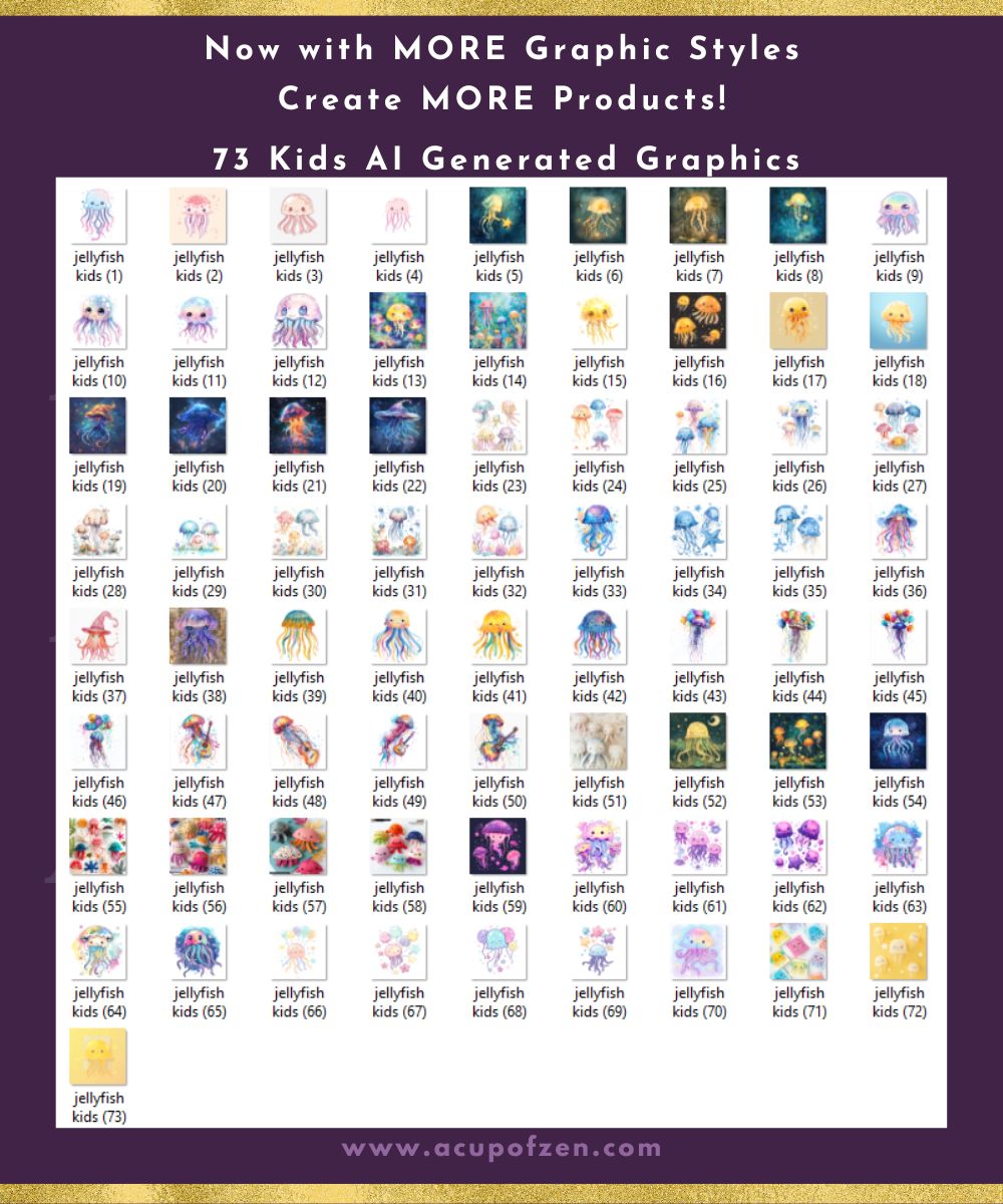 Grid of 73 AI-generated jellyfish graphics titled "Jellyfish Kids," each with unique designs. Banner text above reads, "Now with MORE Graphic Styles Create MORE Products!" Website listed at the bottom.
