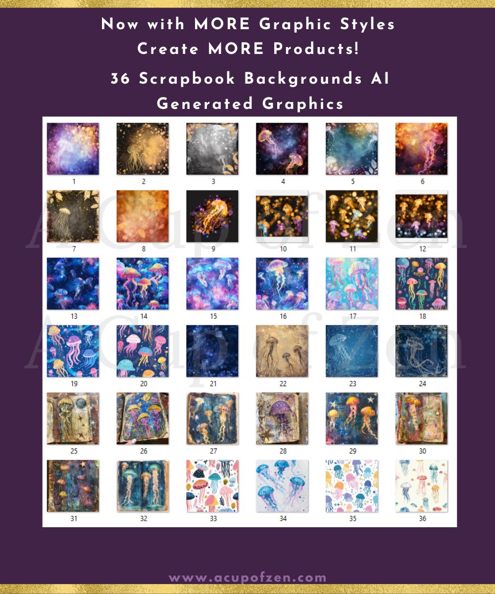 A grid showcasing 36 scrapbook backgrounds featuring various graphic styles, including abstract designs and nature themes. Text at the top promotes more graphic styles and product creation.
