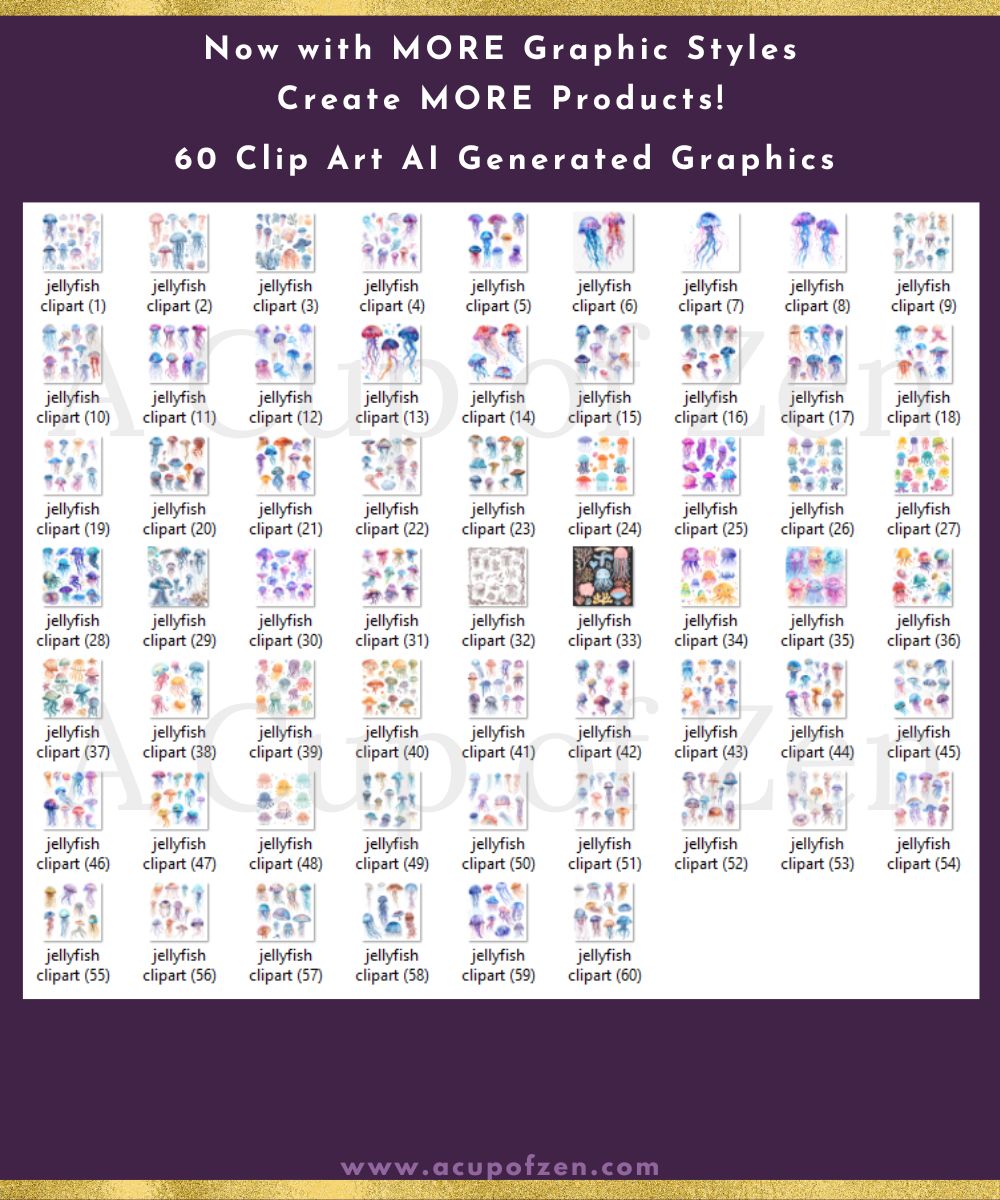 Image showing a collection of 60 AI-generated jellyfish clipart graphics. Each clipart is numbered sequentially and presented in a grid format. Text at the top promotes the variety and quantity.