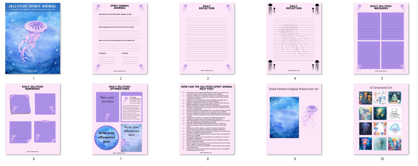 Image displays a collection of 10 pages from a journal titled "Jellyfish Spirit Animal," including lined pages, prompts, writing exercises, watercolor art of a jellyfish, and AI-generated imagery.